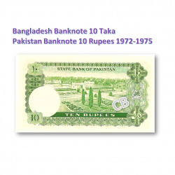 流通中止、10ルピー　パキスタン、　10タカ　バングラデシュ　紙幣、旧札、札、1972-1975年 / Discontinued, 10 Rupees Pakistan and 10 Taka Bangladesh banknotes 1972-1975