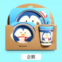 Baby Toddler Kids Dinnerware Bamboo Plate Set - Plate Bowl Spoon Fork and Cup Penguin