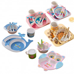 Baby Toddler Kids Dinnerware Bamboo Plate Set - Plate Bowl Spoon Fork and Cup Elephant