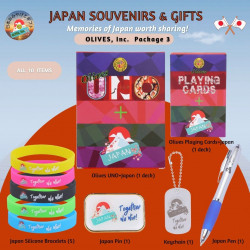 Japan Souvenirs & Gifts Package # 3: Olives Uno+Japan deck, Japanese Playing Cards+Japan deck, 5 silicone bracelets , 1 Japan pen, 1 barpin, 1 keychain | 10 items