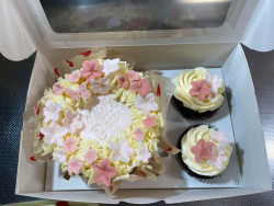 Light Pink cake with 2 cupcake