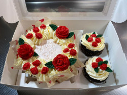 Red Cake with 2 cupcake