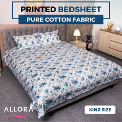 Blue Flower White Printed Bedsheet - allora_46