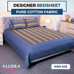 Navy Stripe Panel Designer Bed Sheet - allora_42